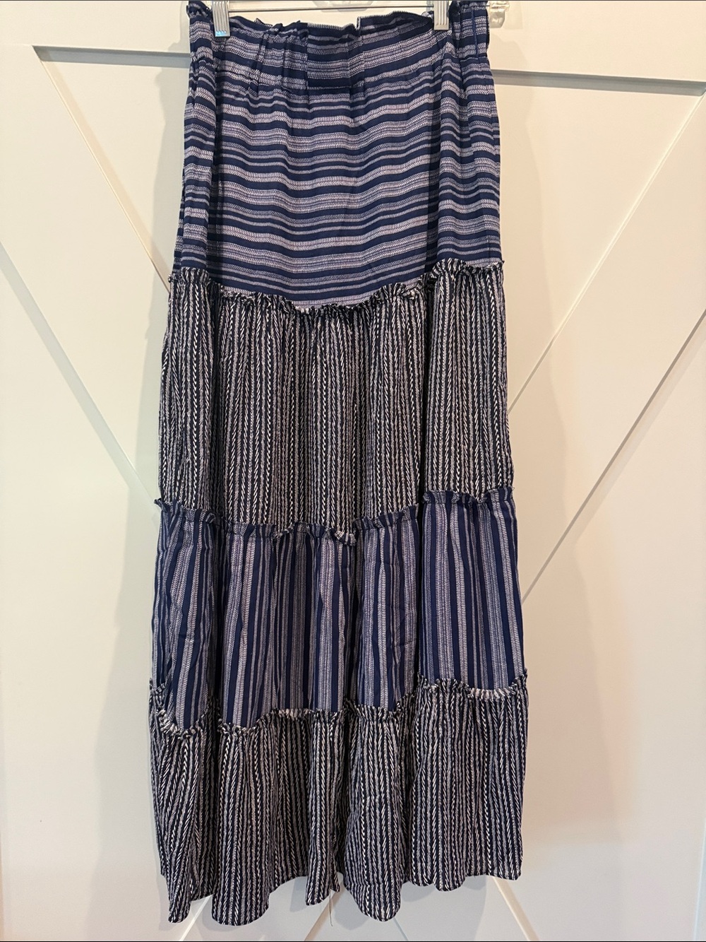 Sundance Navy and Light Blue Striped Tiered Maxi Skirt